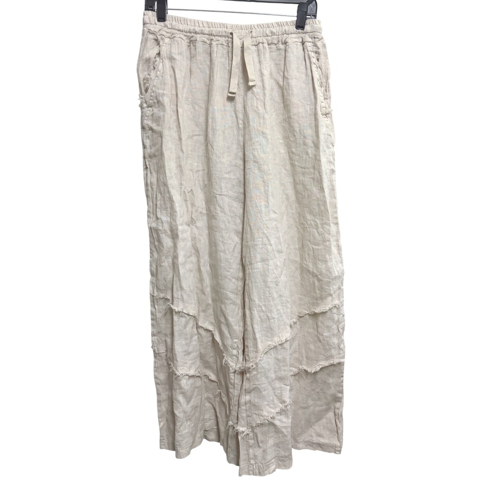 Milio Milano 100% Linen Boho Beige Wide Leg Pants Tan Raw Hem Tiered Italy M